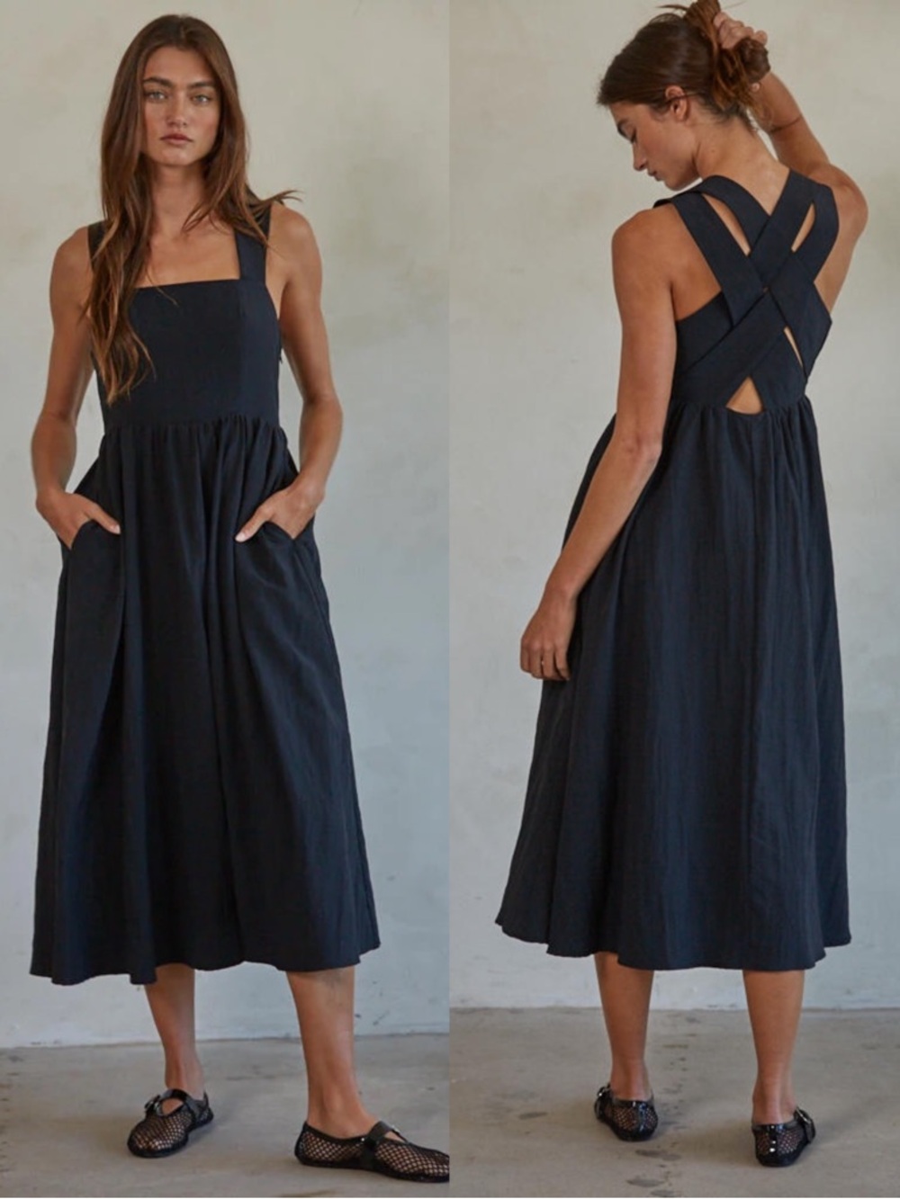 NWT By Together Black Square-Neck Crisscross Back Midi Dress - Size Medium